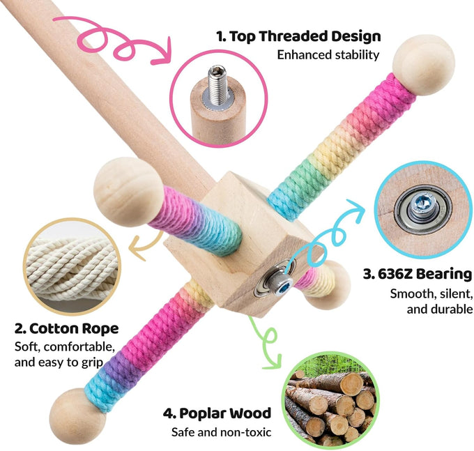 9" Wooden Bird Perch Toy for Cage, 360° Silent Free-Spin, Natural Material, Reduces Boredom Anxiety, for Small to Medium Birds, with Poplar Swing
