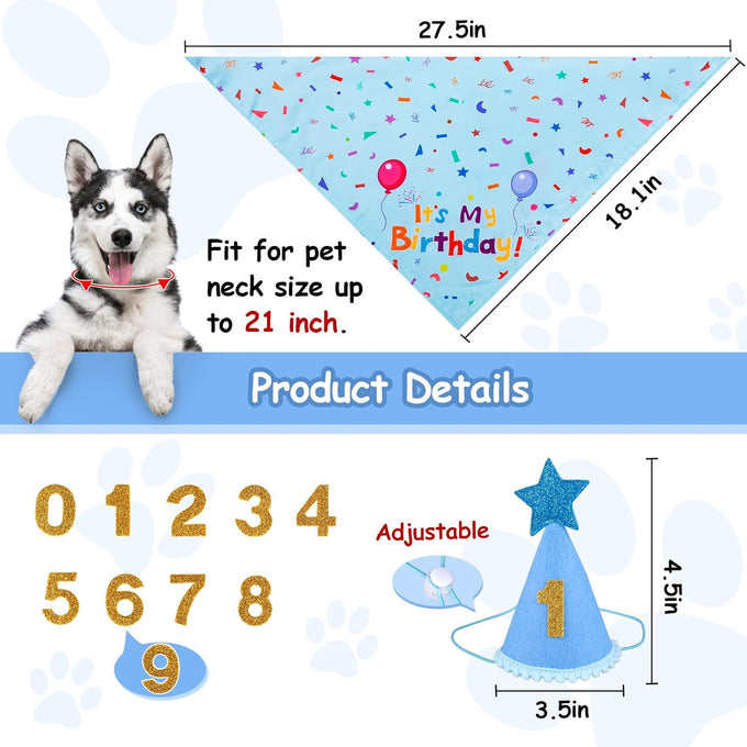 Dog Birthday Bandana Set for Large Medium Small Dogs Pet - Blue, Adjustable Hat with Numbers 0-8