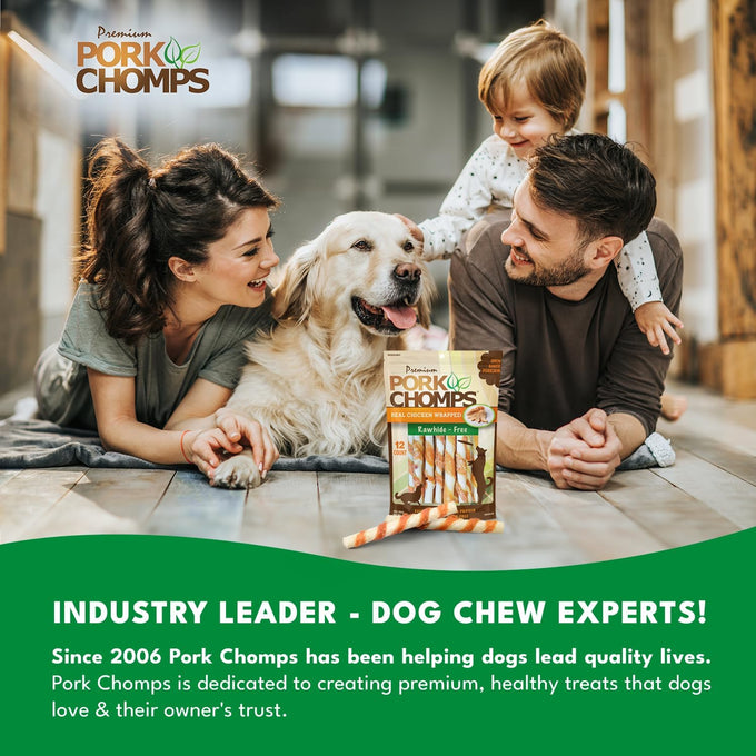 pork chomps real chicken wrapped baked pork skin dog chews, 5 inch mini twists, 12 count