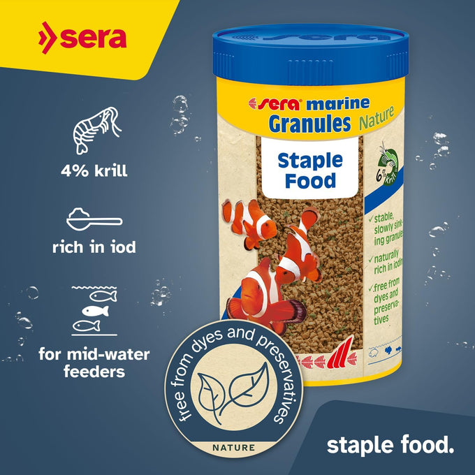 sera Marine Granules Nature Staple Food 3.5oz for Saltwater Fish Dye-Free Preservative-Free with Marine Algae Spirulina & Krill
