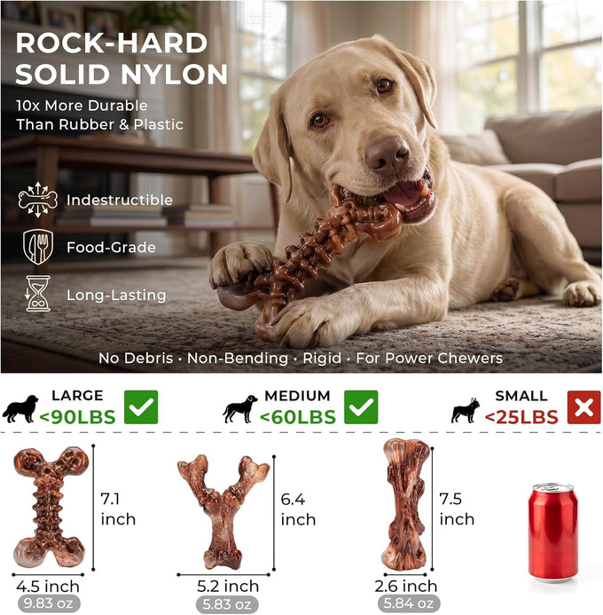 Kseroo bacon flavored nylon dog chew toys 3-pack for medium large dogs 25-90lbs brown XL