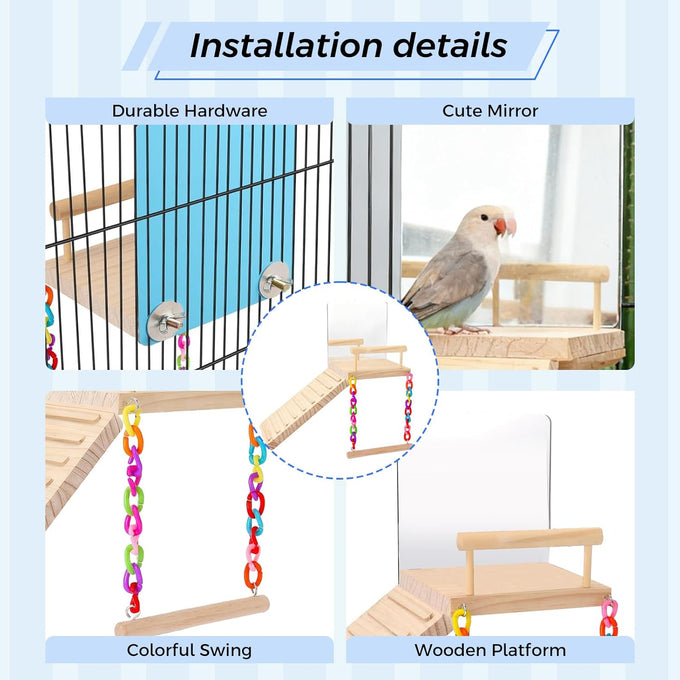 Wooden Bird Perch Platform Toy Set with Mirror, Climbing Ladder, and Swing for Parrots and Budgerigars