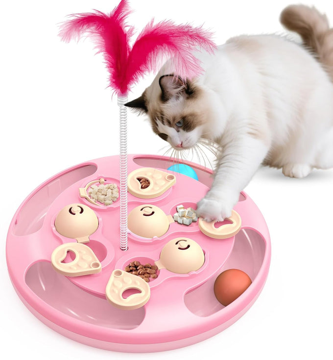 Cat Puzzle Toy Games Level 3 in 1 with Track Balls Feeder Teaser Non-Slip Base Pink