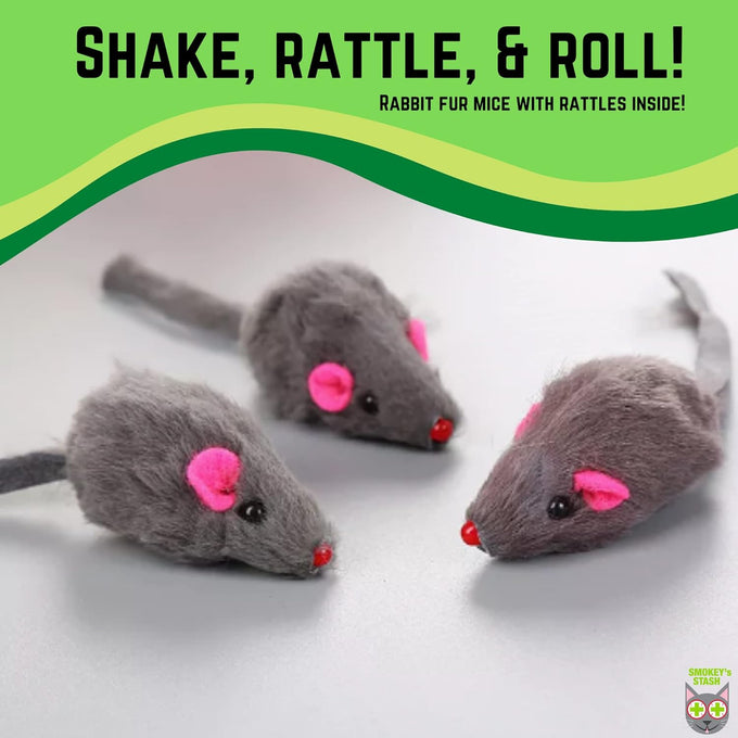 Smokey's Stash White and Gray Fuzzy Rabbit Fur Mouse Cat Toys for Cats 12 Pack Rattle Realistic Fake Mice