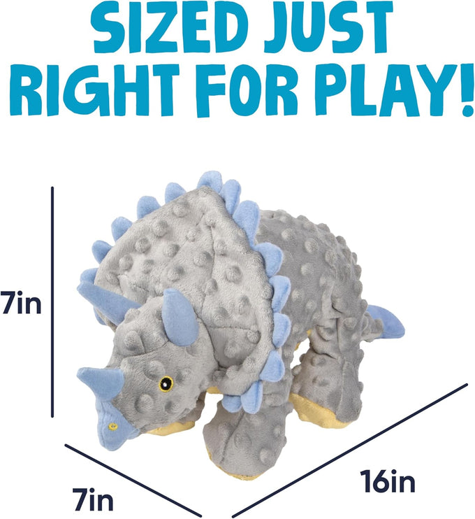 goDog Dinos Frills Squeaky Plush Dog Toy with Chew Guard Technology, durable fabric, for active play, gray, large