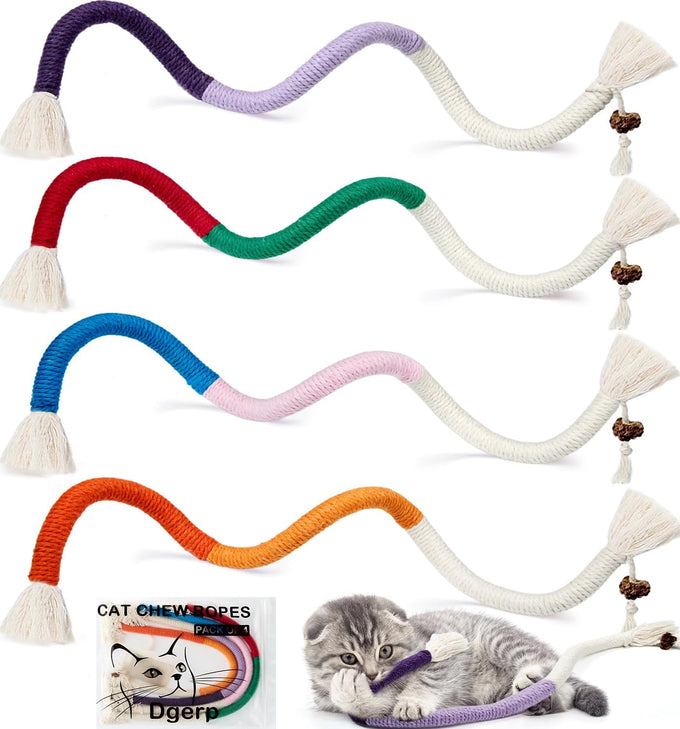 Cat Chew Ropes 4Pcs for Indoor Cats with Refillable Natural Catnip and Soft Cotton Rope Design