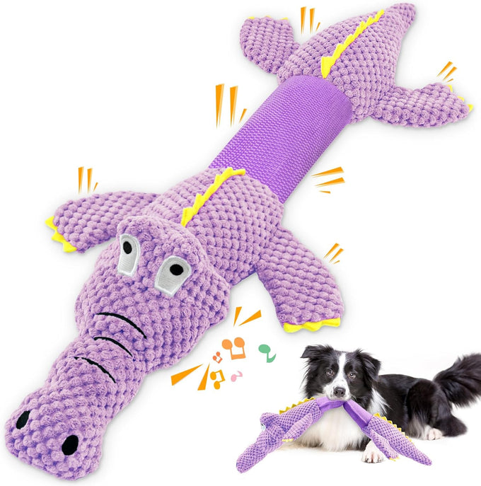WOWBALA interactive squeaky dog chew toy for small, medium & large dogs, crocodile-shaped, plush, crinkle paper, 24-inch length