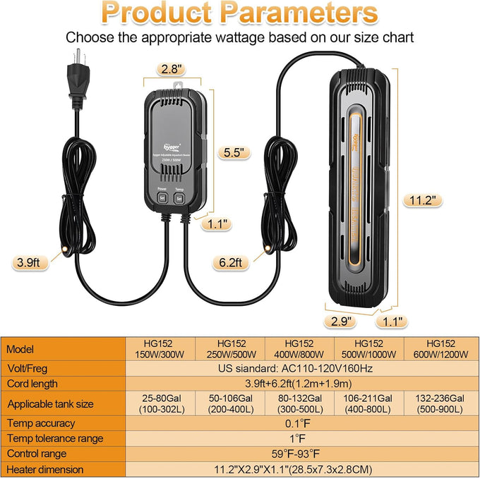 hygger 400W/800W adjustable power aquarium heater for 80-132 gallon tanks with digital display and auto protection