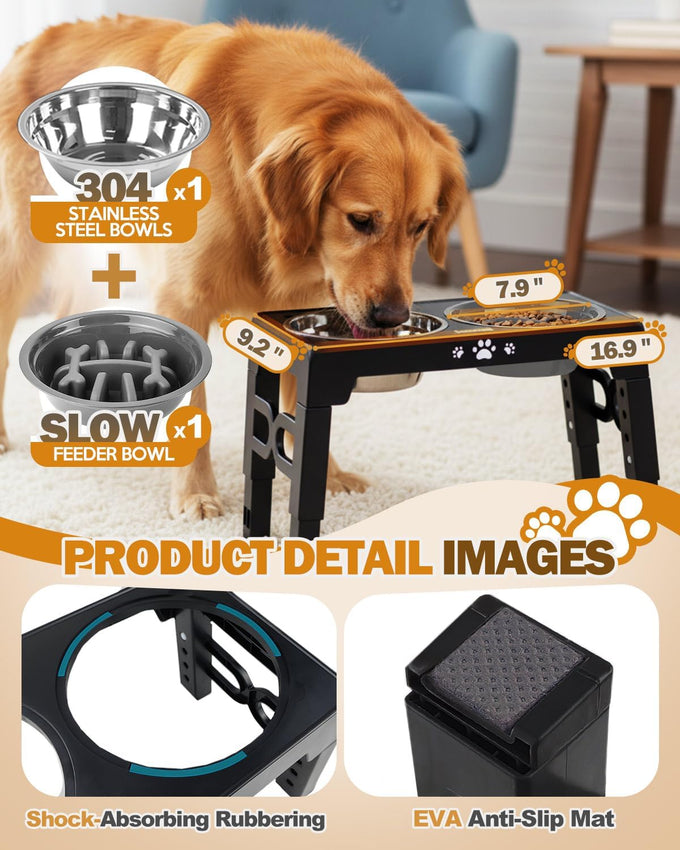 Jovrun elevated dog bowls for medium large size dogs, non-slip feeder with 2 food water bowls, 5 heights adjustable raised bowls stand