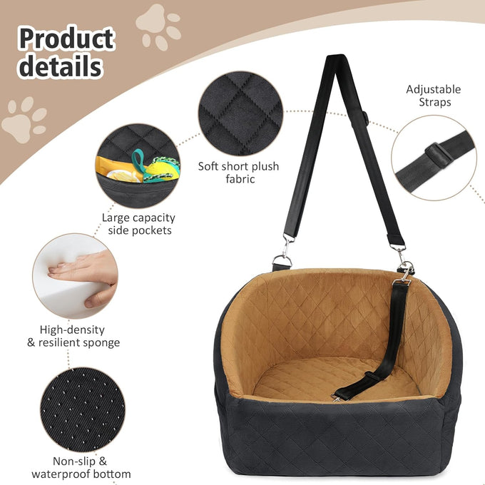 Neezukar dog car seat for small medium dogs, detachable and washable, up to 30lbs, black/brown