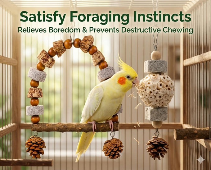 2 Pack Natural Bird Toys Set Arch Wood Swing Sola Ball, Cage Accessories for Cockatiel Conure Parakeets