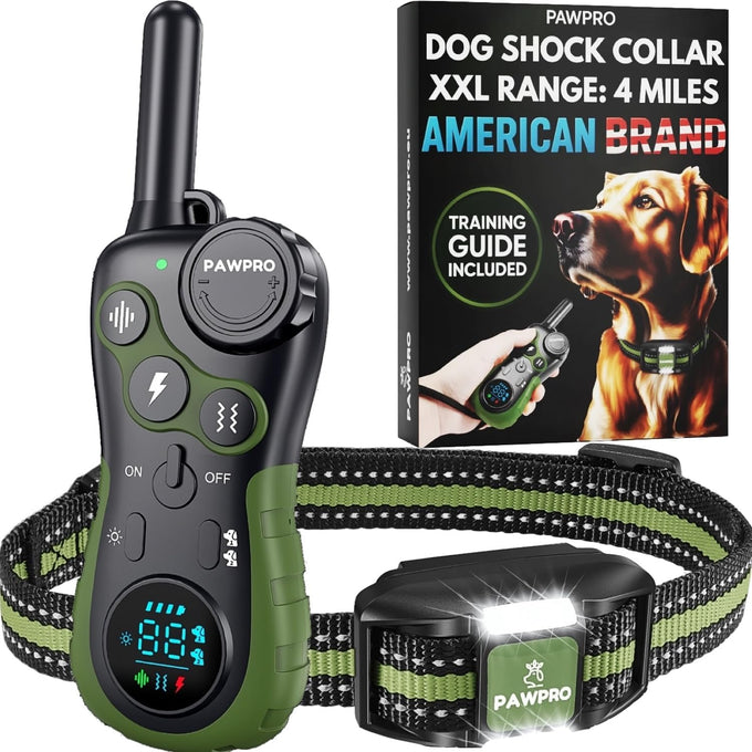pawpro dog shock collar with remote, 4-mile range, night-light mode, 124 training levels, beeps, vibrations, waterproof rechargeable