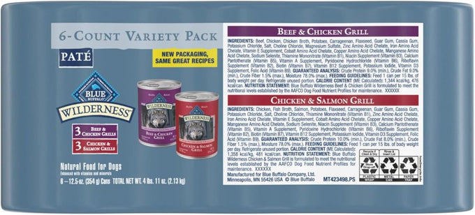 Blue Buffalo Wilderness High Protein Beef and Chicken & Salmon and Chicken Wet Dog Food Variety Pack for Adult Dogs, Grain-Free, 12.5 oz Cans (6 Pack)