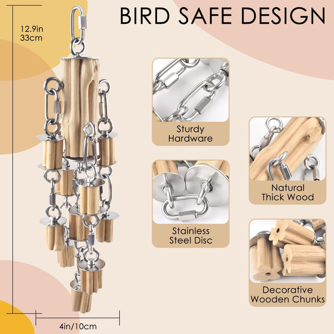 KATUMO 304 Stainless Steel and Natural Hardwood Large Bird Parrot Toy with Detachable Parts for Macaws, Cockatoos, African Greys