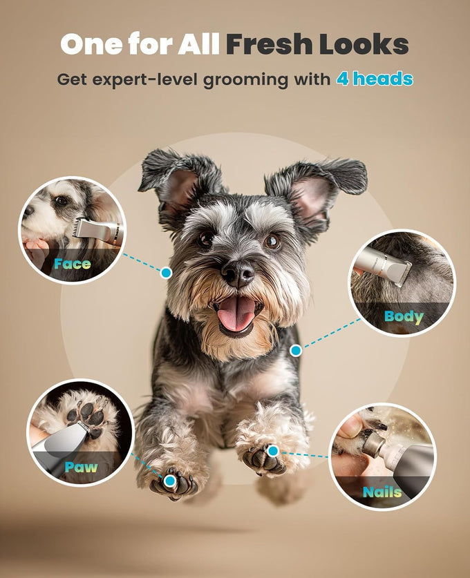 oneisall 4 in 1 dog grooming kit with lcd display, dog hair trimmer for paw nail grinder, rechargeable cordless low noise ipx7 waterproof pet clippers, 3-speed, 1200mAh battery