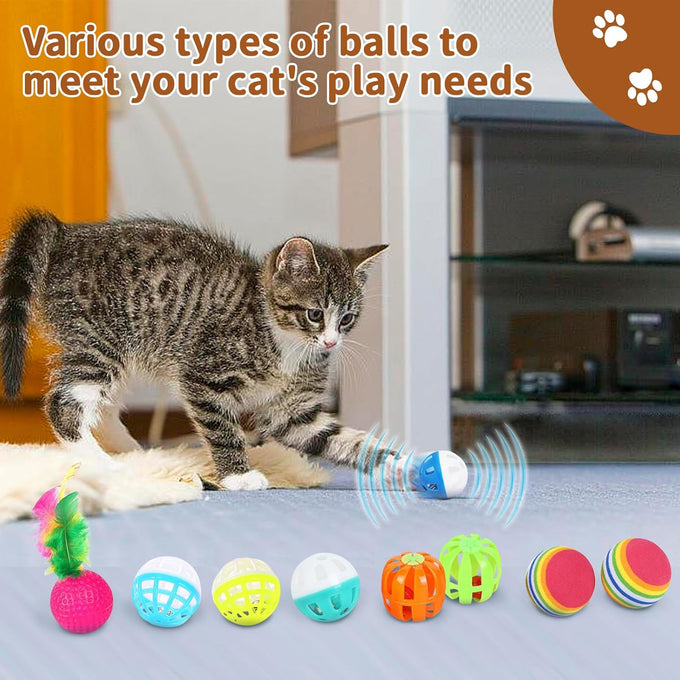 iCAGY interactive cat toy bundle for indoor cats, 25 pcs, 45 inches rainbow tunnel, colorful springs, feathers, balls, and mice