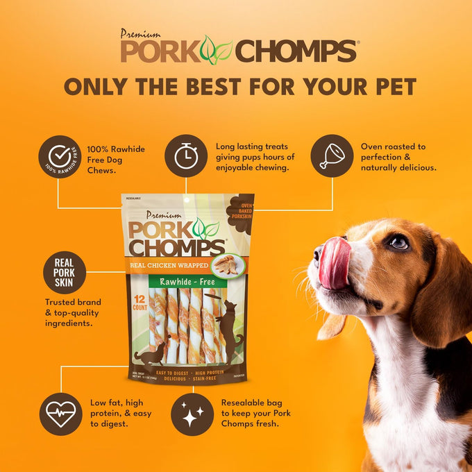 pork chomps real chicken wrapped baked pork skin dog chews, 5 inch mini twists, 12 count