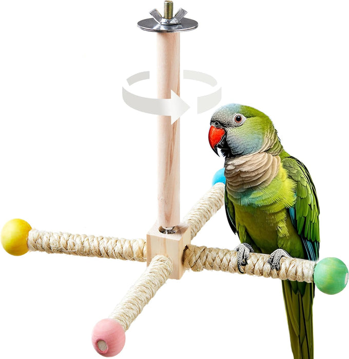 Bird Stand Perch Toy, Wooden Exercise Wheel for Parakeet, Cockatiel, and Budgie Birds, Natural Wood and Hemp Ropes