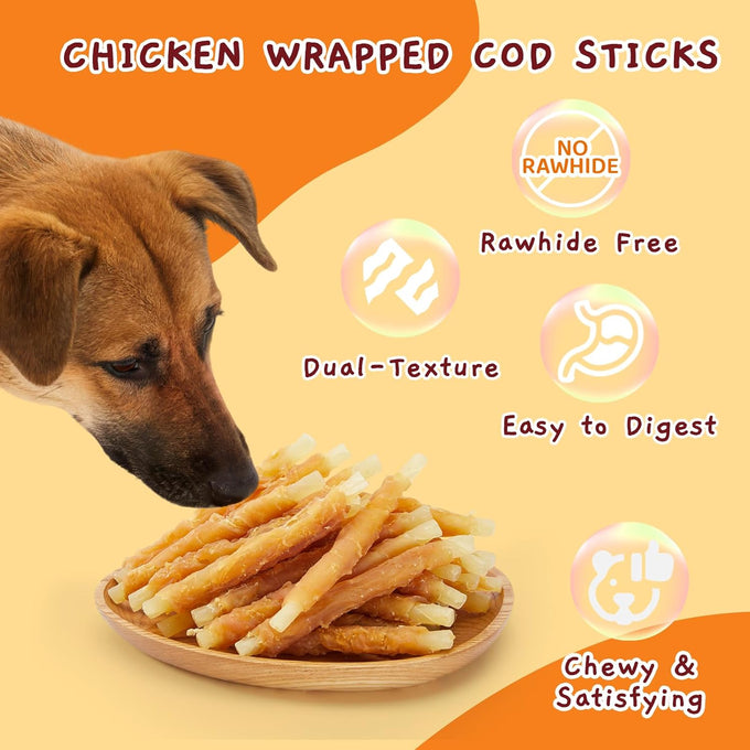 jungle calling 35-count rawhide free dog treats, 4.5-inch chicken wrapped cod sticks for small to medium dogs