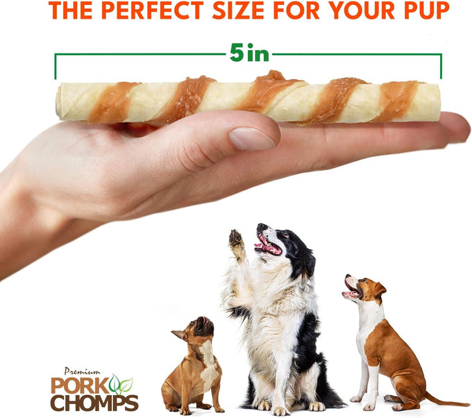 pork chomps real chicken wrapped baked pork skin dog chews, 5 inch mini twists, 12 count