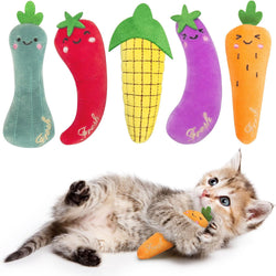 etyker plush catnip toys, 5 pack, indoor kitten kitty toys, interactive veggie shape cat kicker chew toys