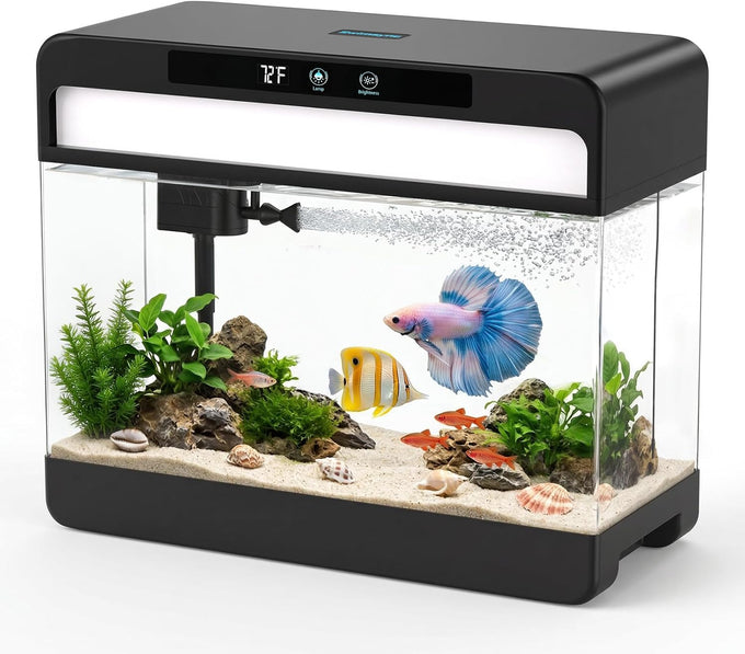3 gallon smart aquarium for beta fish, 3-in-1 silent water pump with filtration, circulation, oxygenation, and 7 colors LED lights (black)