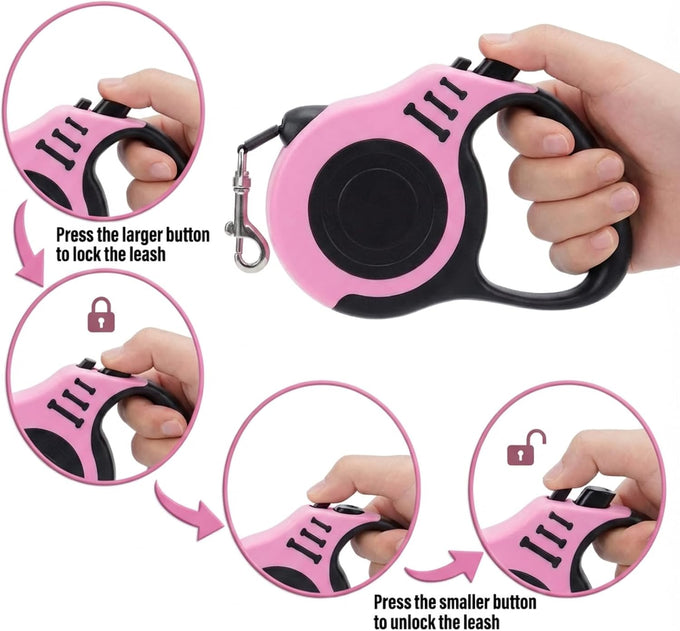 petimp lightweight 16ft retractable dog leash set with pink folding bowl and accessories