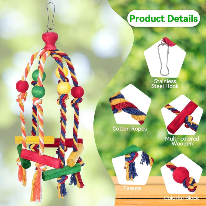 Multicolored wooden bird toys for medium and small birds, perfect for parakeet, parrot, conure, cockatiel, and budgies.