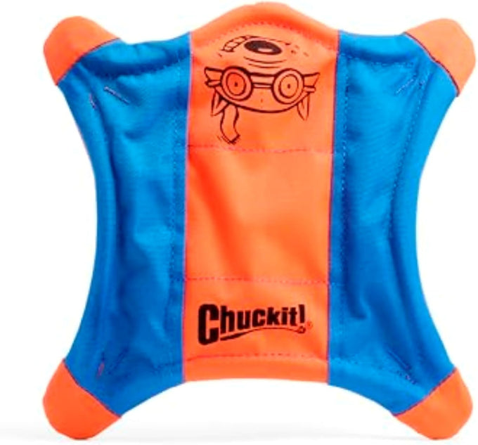 Chuckit! medium flying squirrel fetch dog toy - 9.5-inch diameter - water floating polyester canvas - orange and blue