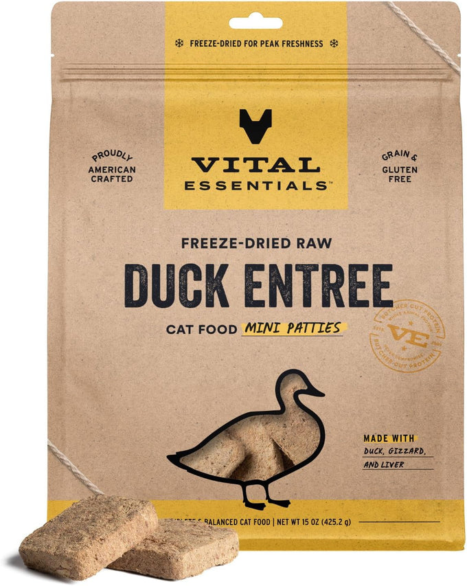 vital essentials freeze dried raw duck cat food mini patties 15 oz bag high protein grain free dry
