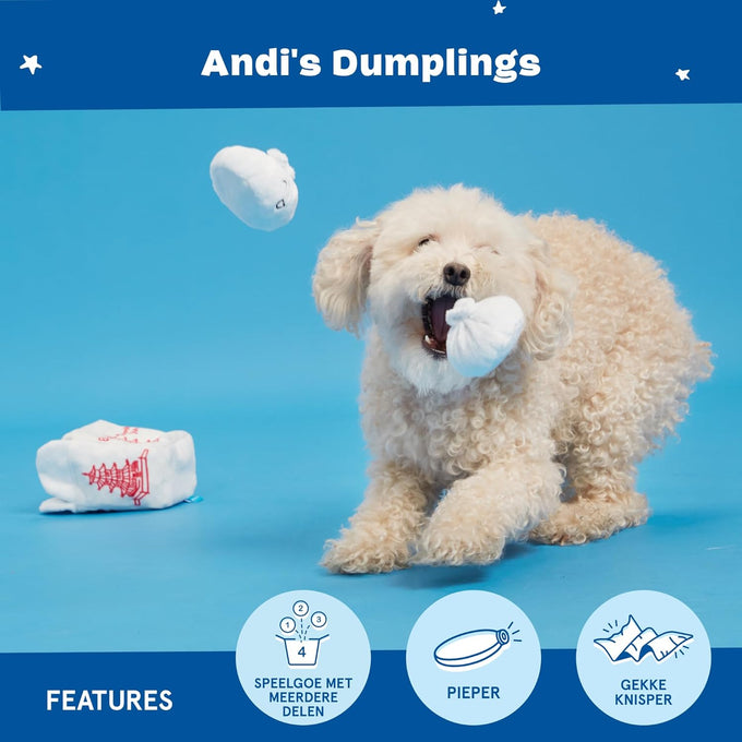 Andi's Dumpling Large 2 in 1 Interactive Dog Toy with Plush Exterior and Squeaker, Teaser Ball Inside for Large Dogs