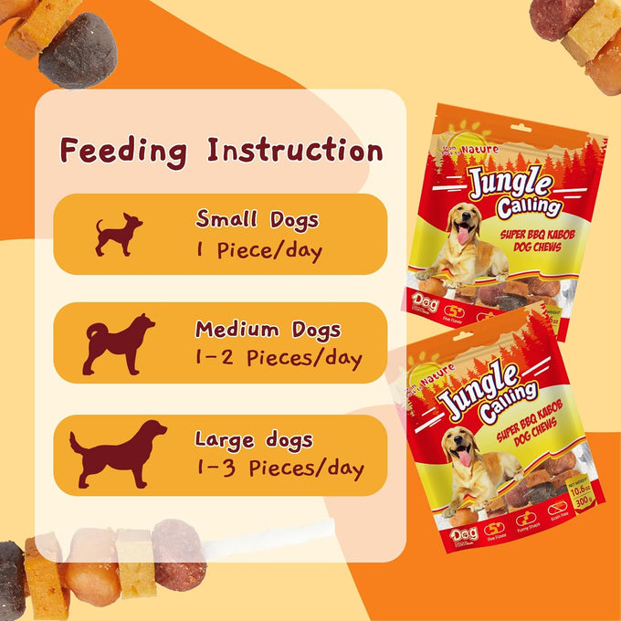 jungle calling multi-flavor kabob dog snacks, made with chicken, duck, beef, sweet potatoes, and pumpkin