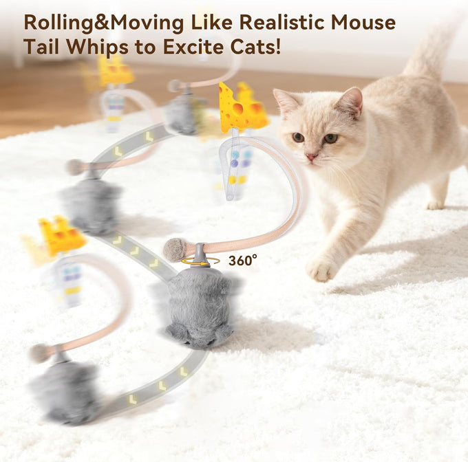 Migipaws Interactive MigiMouse Cat Toy, 360° Rolling & Spin, Grey, Rechargeable Plush Kitten Toy with Smart Motion Sensor and Realistic Squeak