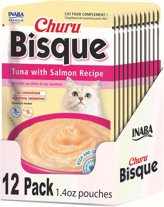 INABA Churu Bisque for Cats, Creamy Lickable Purée Side Dish with Vitamin E, 1.4 Ounces per Pouch, 12 Pouches, Tuna & Chicken Variety