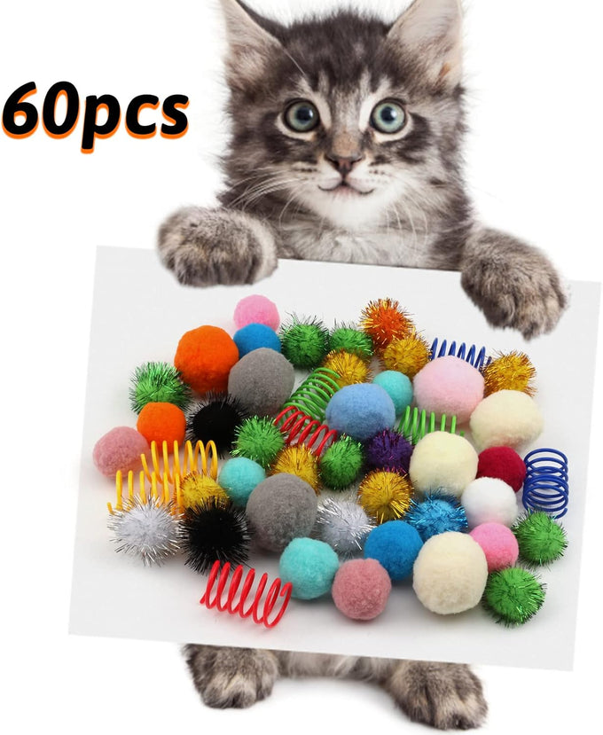 60-piece assorted cat toy set with kitten, mouse, crinkle, and pom pom balls