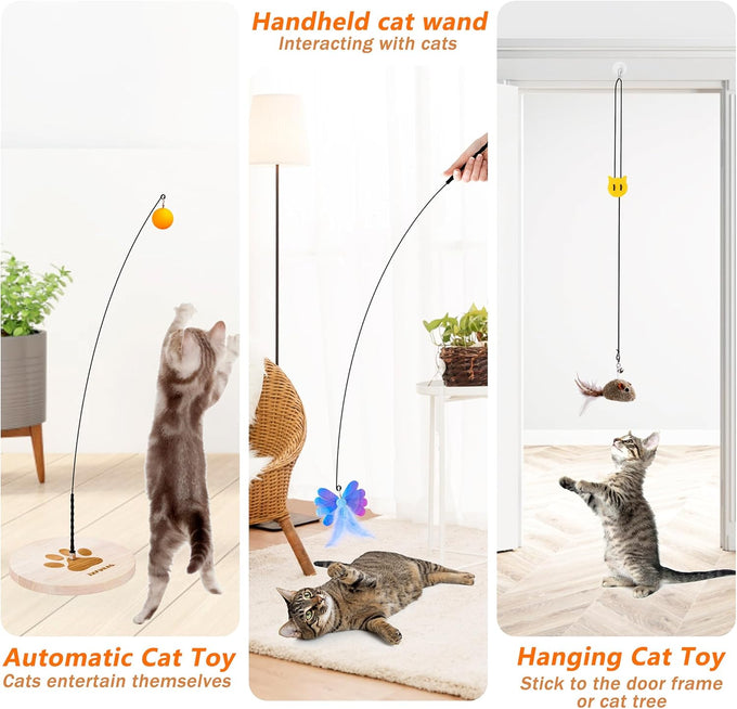 JXFUKAL interactive cat toy 3 in 1 with stable wooden base 2 PCS detachable cat teaser 5PCS refills & elastic string for kitty kitten toys