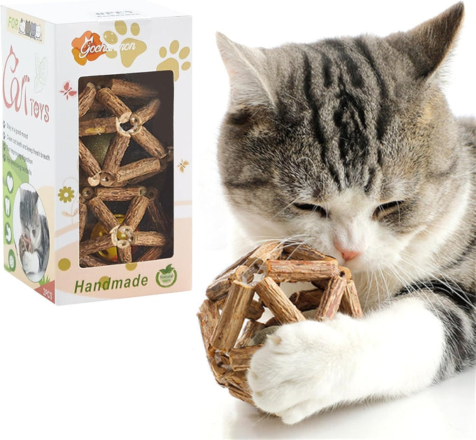 Gochanmon 2-pcs natural Silvervine stick and catnip ball cat toys for indoor cats and kittens