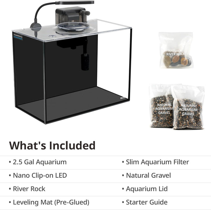 Nicrew 2.5 gallon nano aquarium kit, ultra-clear rimless desktop fish tank with light, filter, gravel, and rock, black complete version