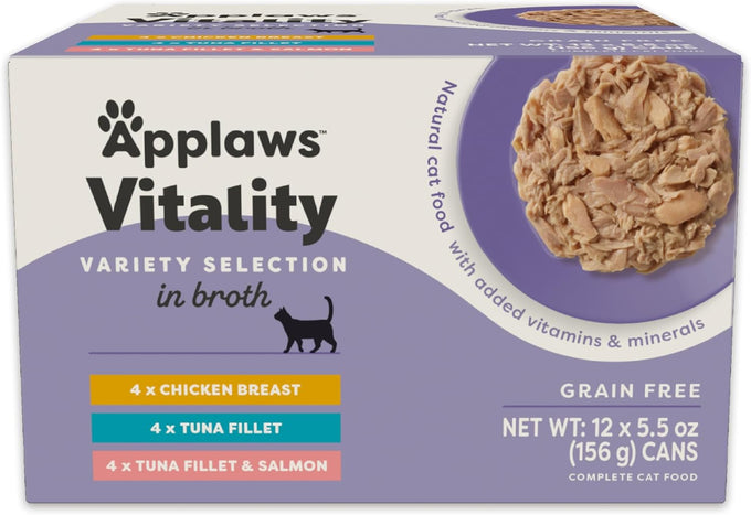 aplaws vitality wet cat food in broth, 12 count, 5.5 oz cans, grain-free, carrageenan free, variety selection