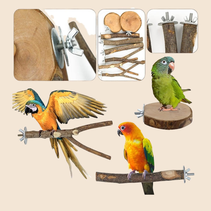 Natural Wood 8-Piece Bird Perch Set with Fork Toys and Hammock Swing for Parakeets and Budgies