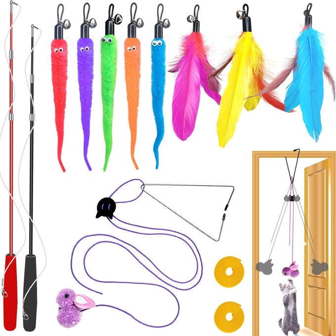 zph cat toys interactive indoor 2pcs retractable cat wand 9pcs teaser toys kitten toy