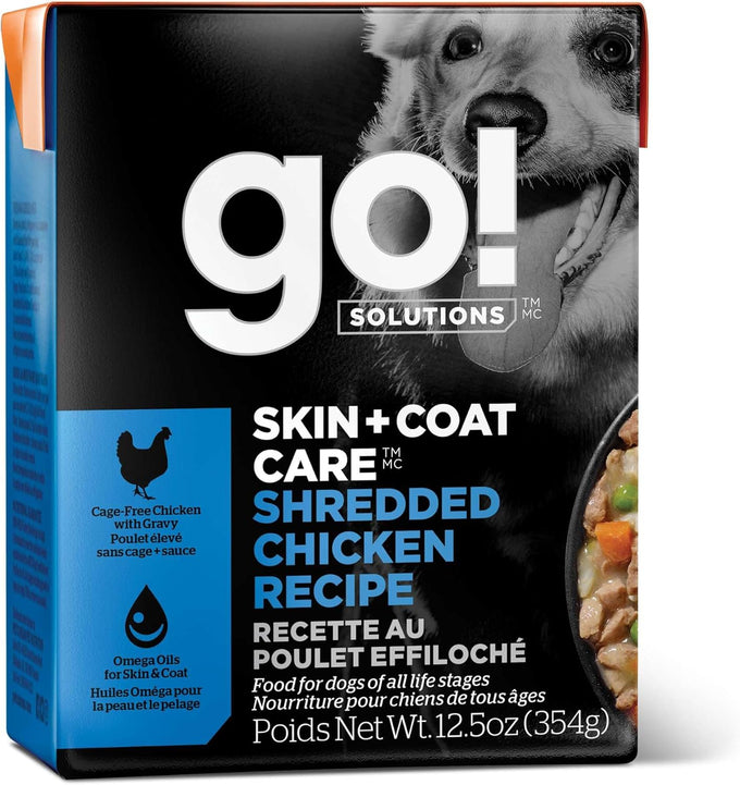 Go! Solutions healthy shredded chicken dog food with omega-3s, omega-6s, biotin, and vitamin e for puppies, adults, seniors, 12.5 oz
