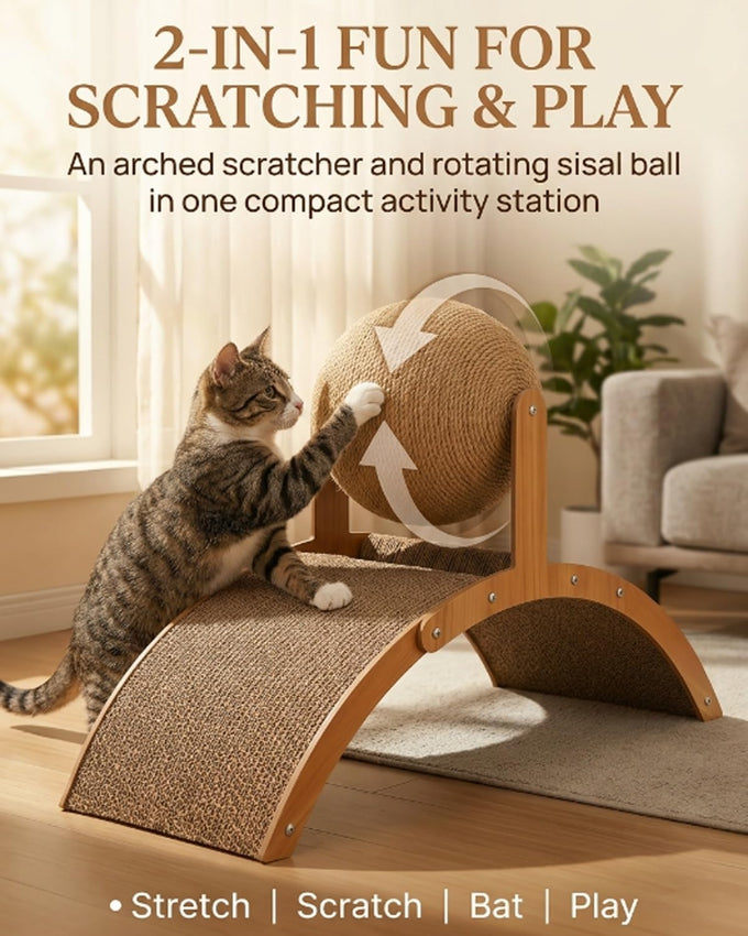 wood cat arch scratching ball on stand with arched bridge and rotating sisal balls for big cats indoor use