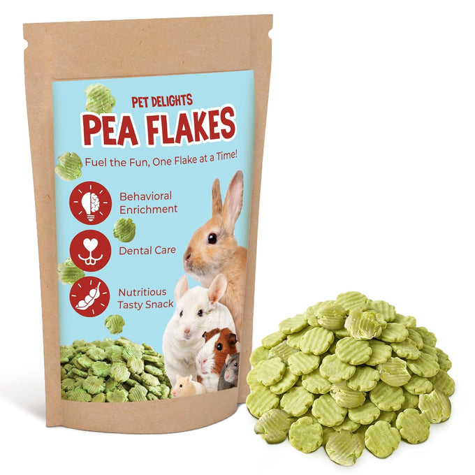 Vila Green Pea Flakes, 9-oz resealable pack for rabbits, guinea pigs, and small pets, high-protein plant-based snacks.