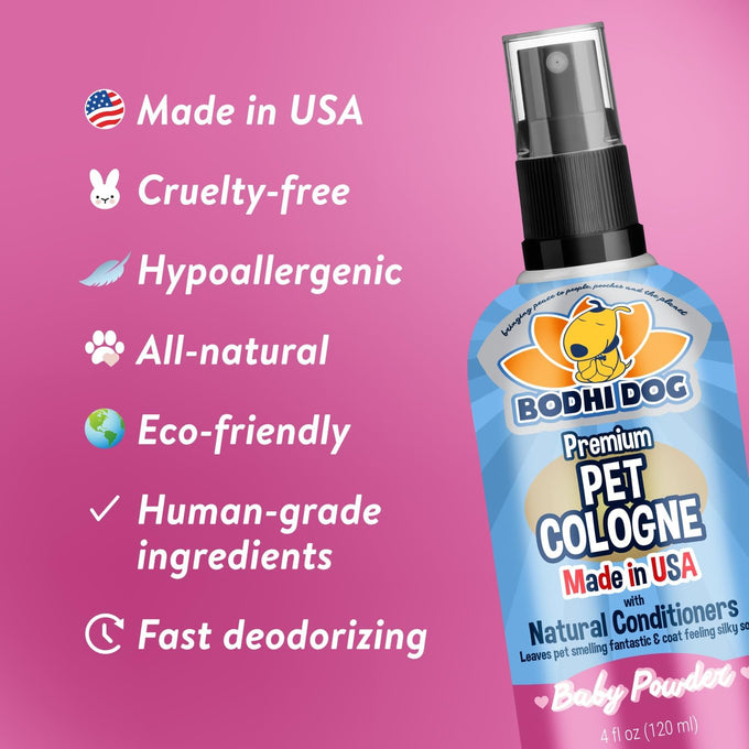 bodhi dog baby powder 4 fl oz deodorizing dog perfume & conditioner gentle & safe formula made in usa