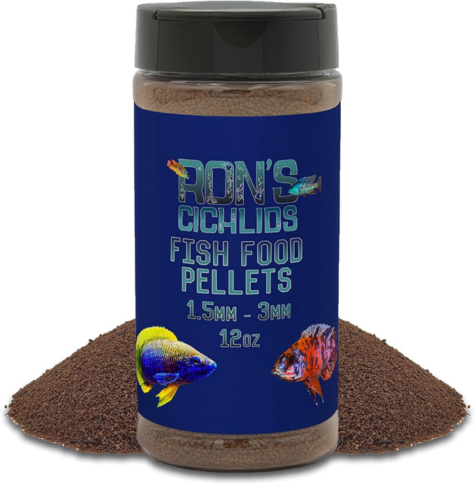 Ron's Mbuna Blend African Cichlid Fish Food, premium tropical fish food pellets for vibrant coloration and robust growth, 8 oz