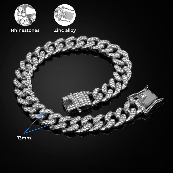 Silver 13mm Wide Metal Dog Chain Collar with Zirconia Diamond Decoration, 10 Inch, Not Adjustable
