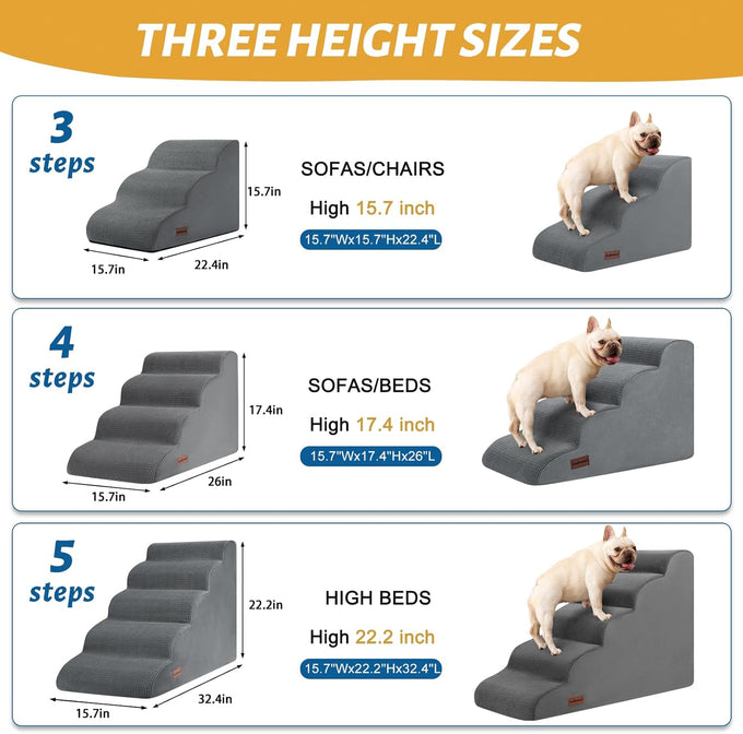 Aodisman 3-Step Grey Pet Ramp and Stairs for Sofa and Chair, 15.7" H, Non-Slip, Stable, Easy to Assemble
