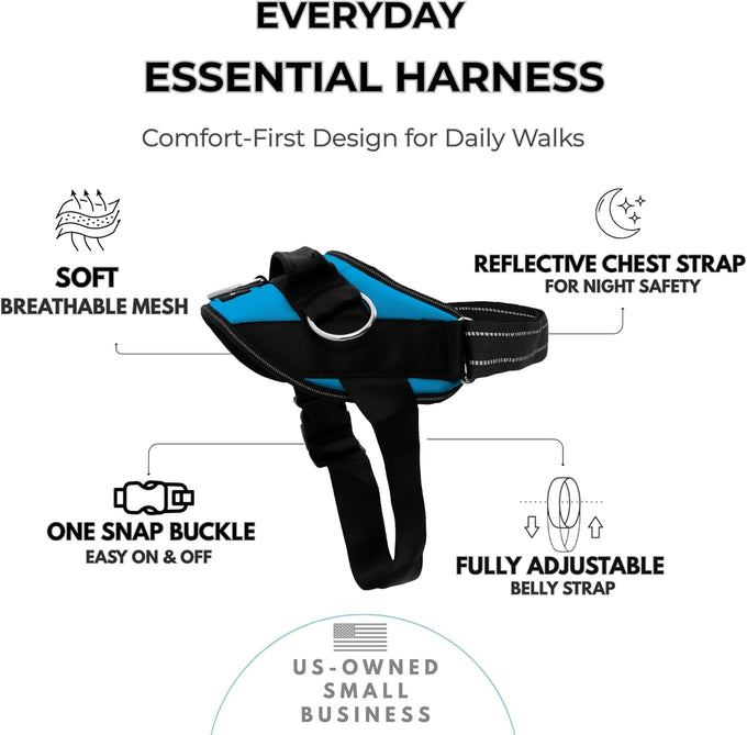 ShawnCo Essential Dog Harness for Small, Medium, and Large Dogs, No-Pull Pet Vest with 3 Leash Clips and Reflective Straps, Oceanic Blue, S