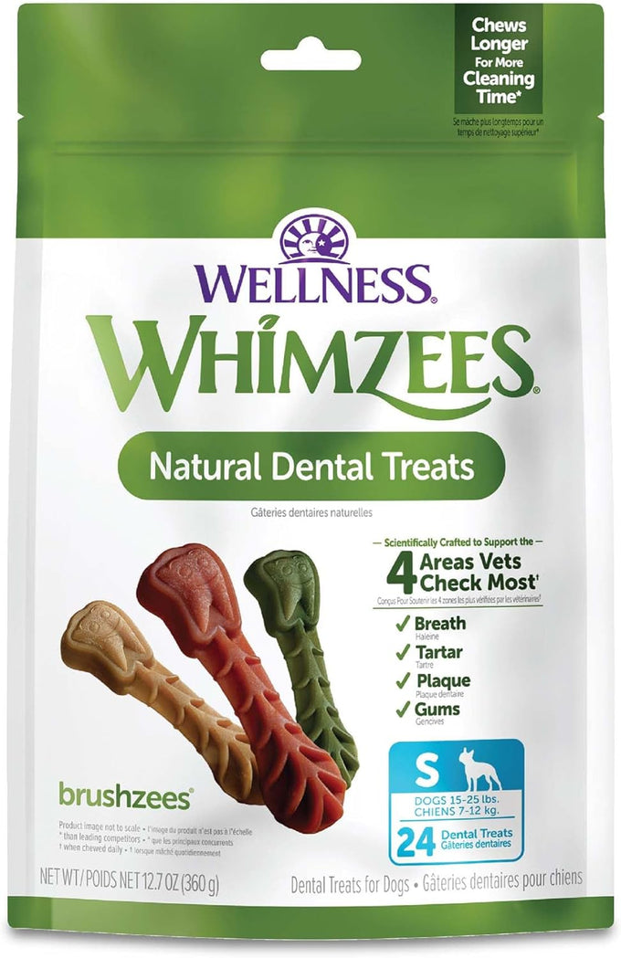 Whimzees Wellness Brushzees Small Size Dog Dental Treats, 24 Count, 12.7 oz Bag – VOHC Accepted Chews for Fresher Breath, Plaque & Tartar Reduction, and Gum Health.